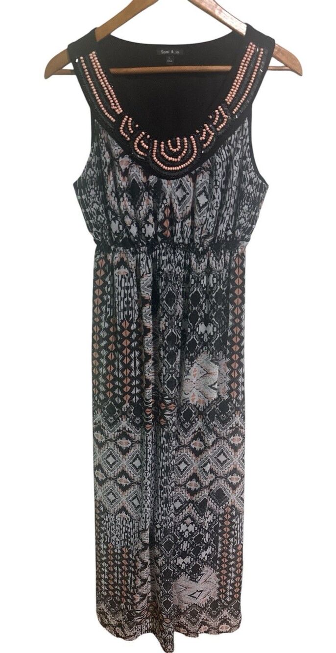 Sami & Jo Maxi Dress L Black Pink Geometric Beaded Neck Sleeveless Boho